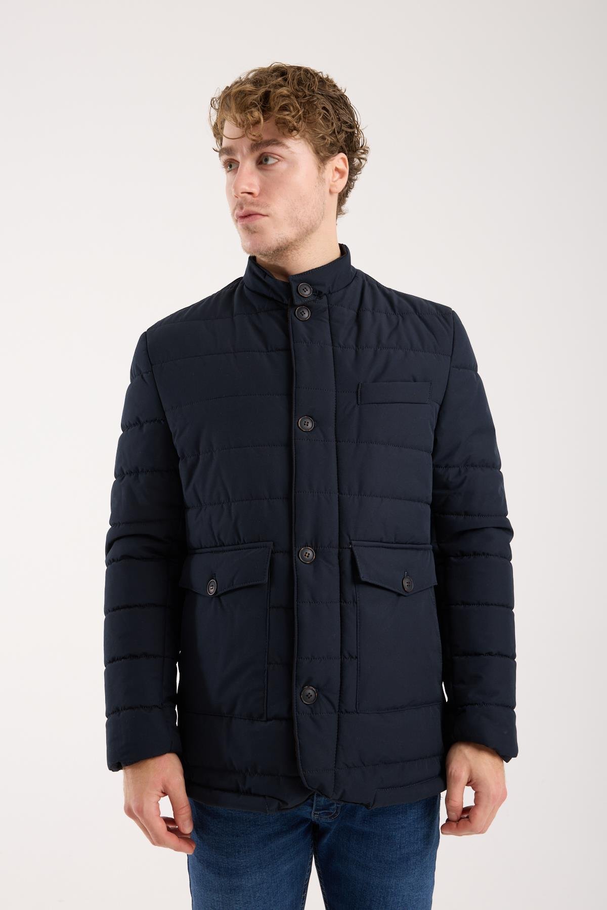 Maserto Erkek Lacivert Hakim Yaka Düğmeli Kapitone Mont