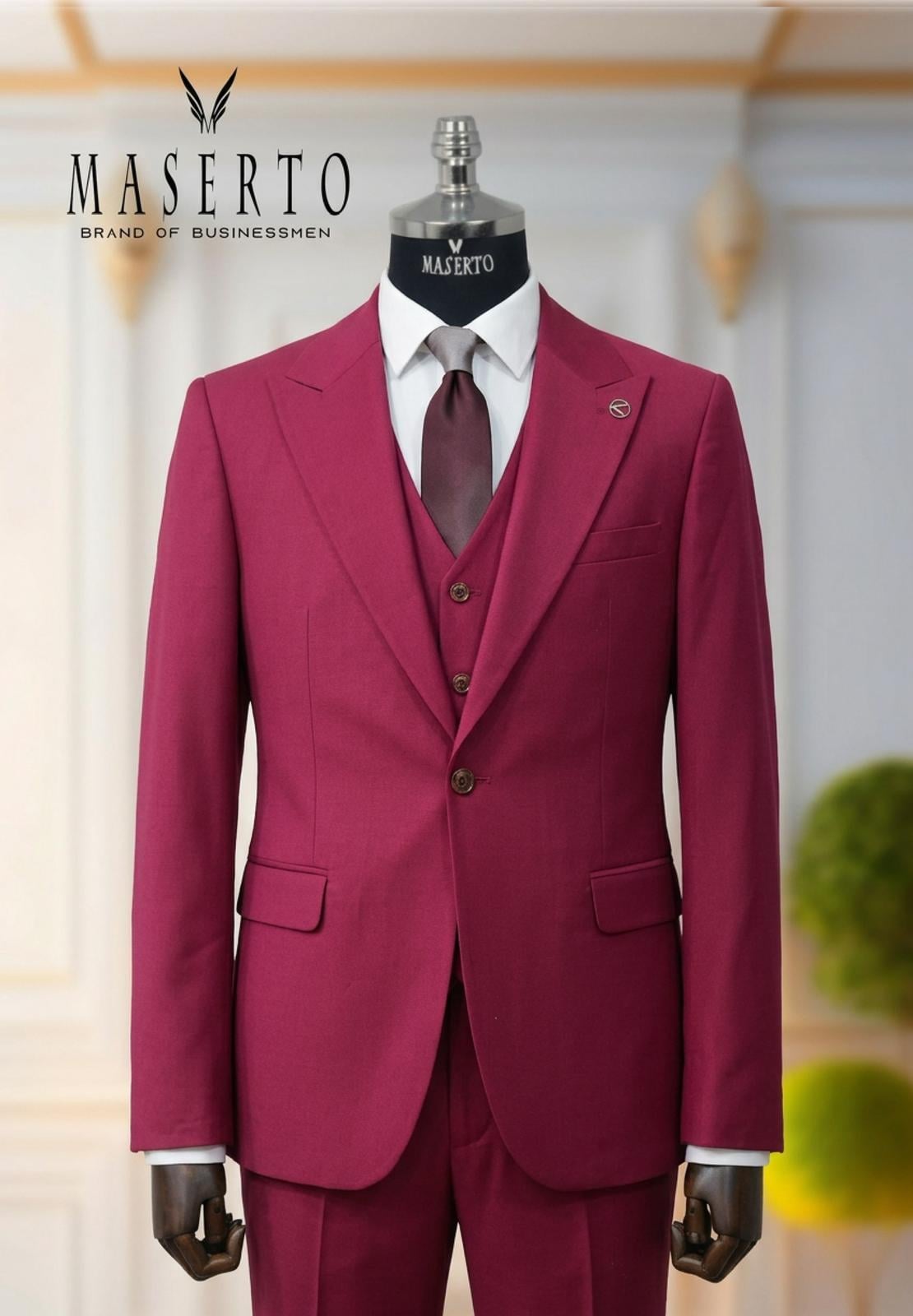 Erkek Tek Düğme Bordo Slim Fit Yelekli Takım Elbise