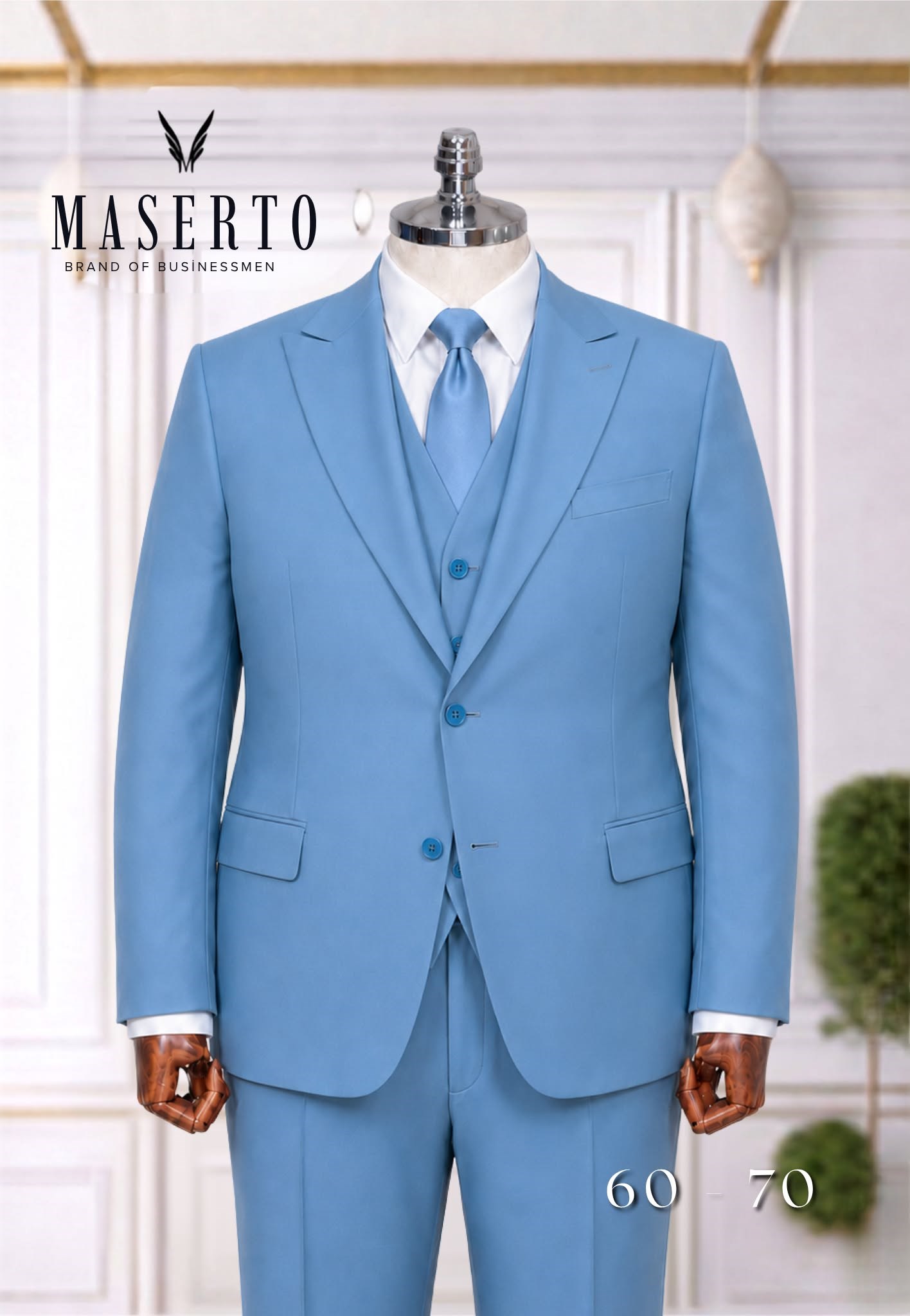 Maserto Battal Beden Mavi Modern Fit 3 Parça Yelekli Takım Elbise