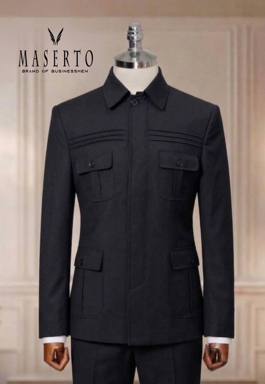 Maserto Siyah Safari Slim Fit Erkek Takım Elbise