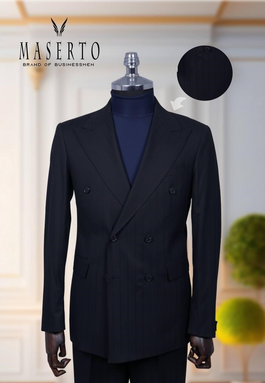 Maserto Erkek Siyah Kruvaze Çizgili Slim Fit Takım Elbise