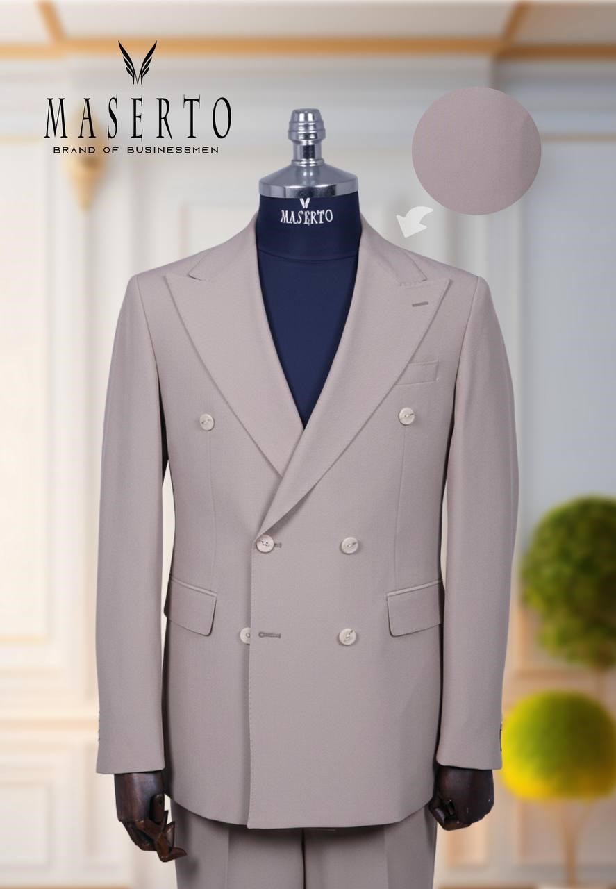 Maserto Erkek Açık Bej Kruvaze Slim Fit Takım Elbise  Çift Düğmeli Klasik ve Premium Tasarım