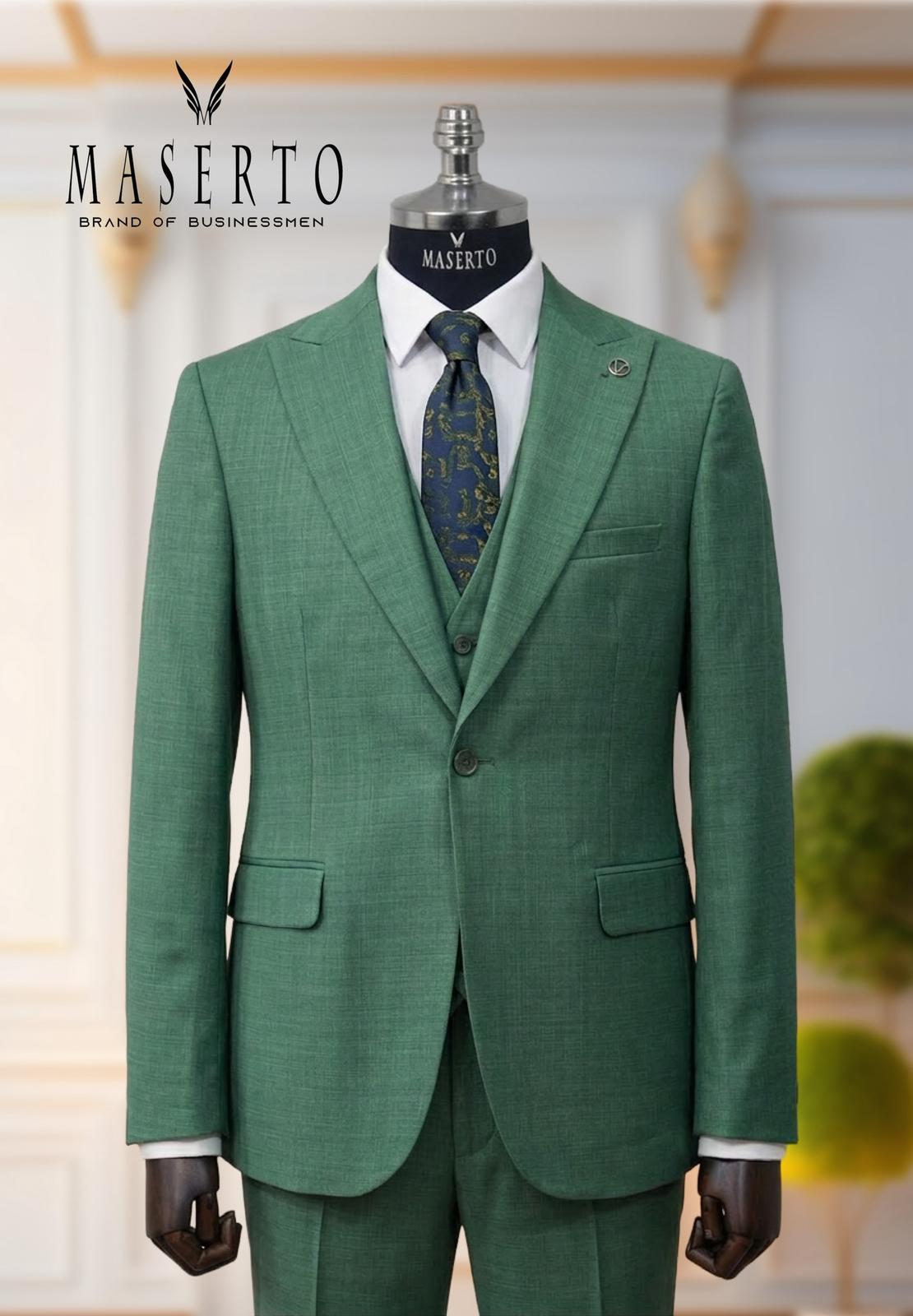 Erkek Tek Düğme Yeşil Slim Fit Yelekli Takım Elbise