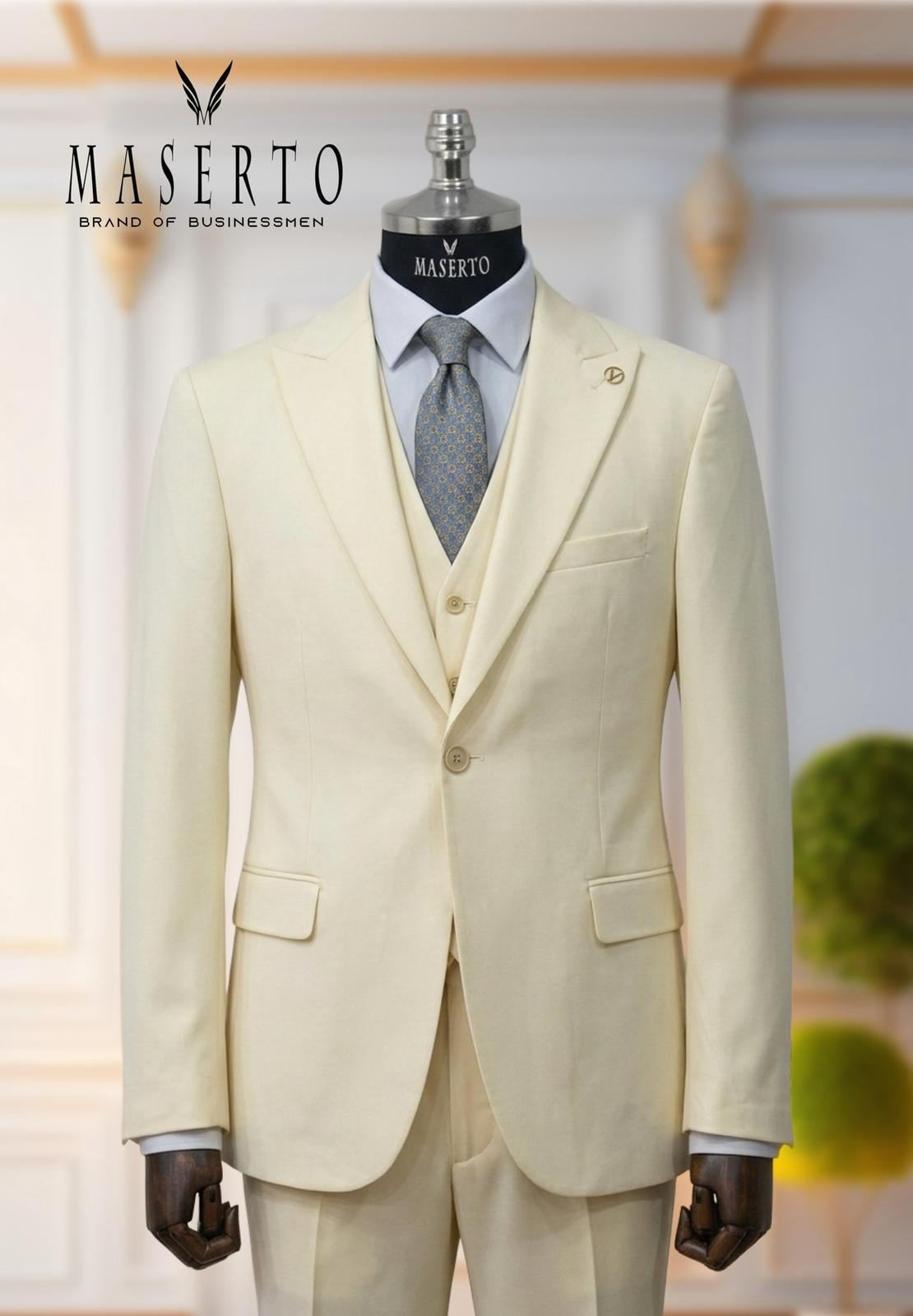 Erkek Tek Düğme Krem Slim Fit Yelekli Takım Elbise