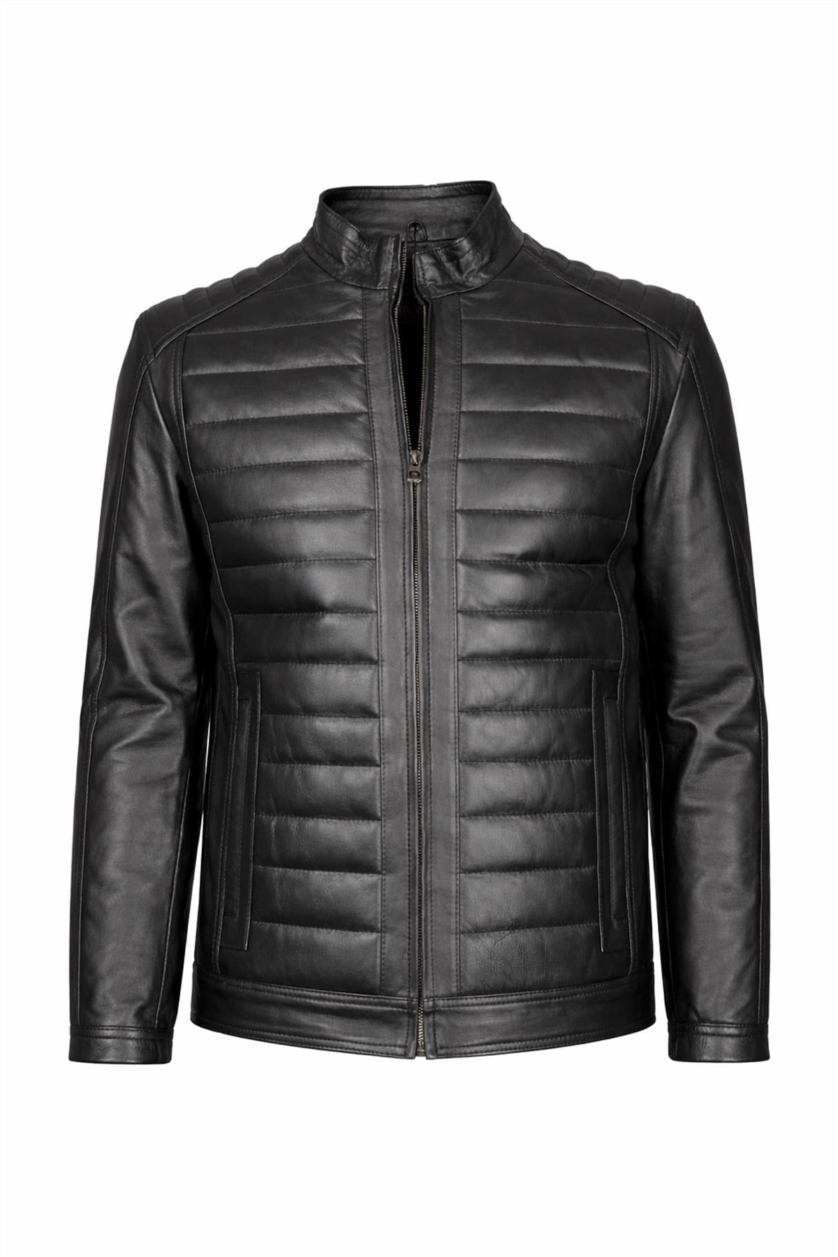 Dik Yaka Siyah Deri Mont