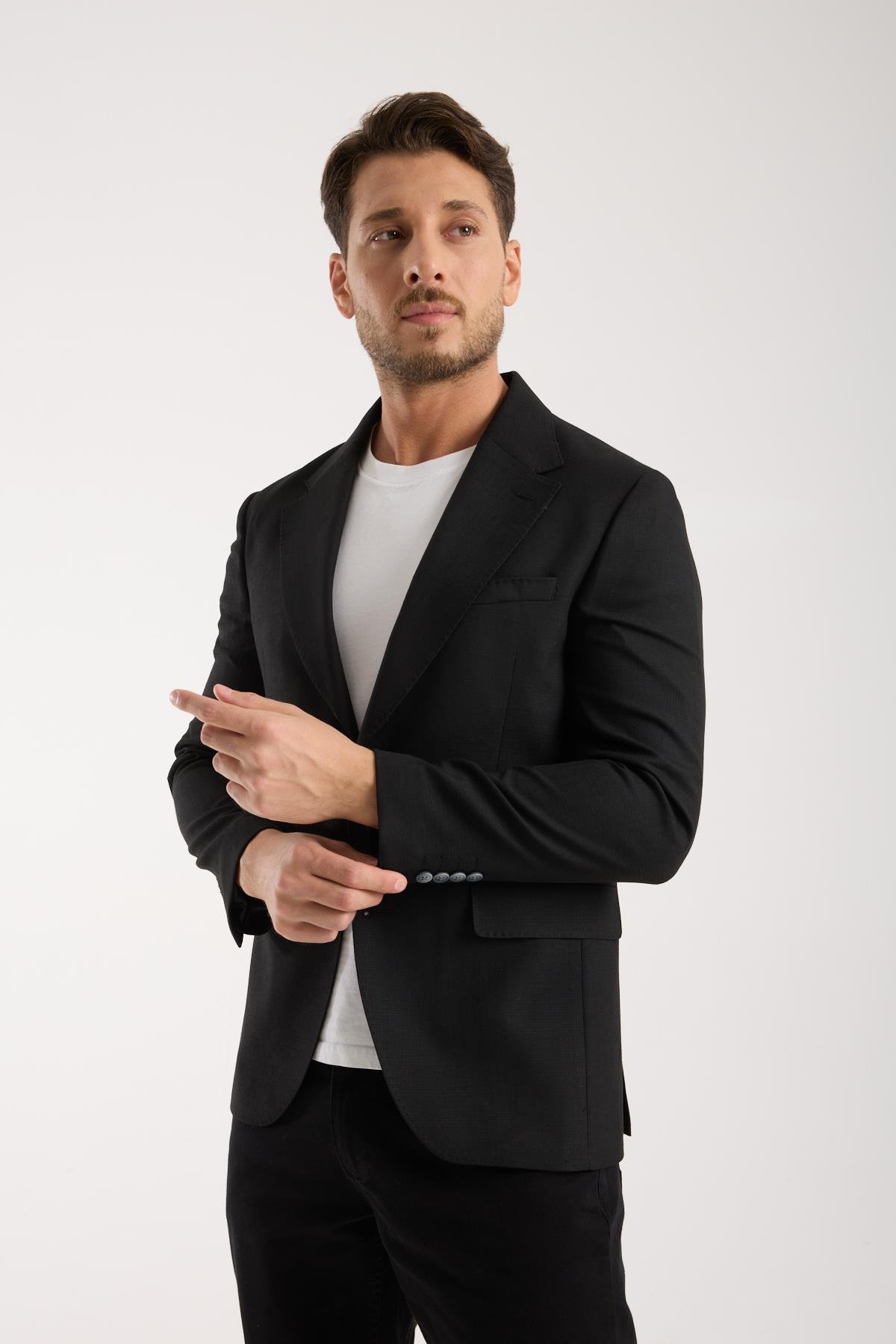 Erkek Siyah Slim Fit Keten Dokulu Klasik Ceket