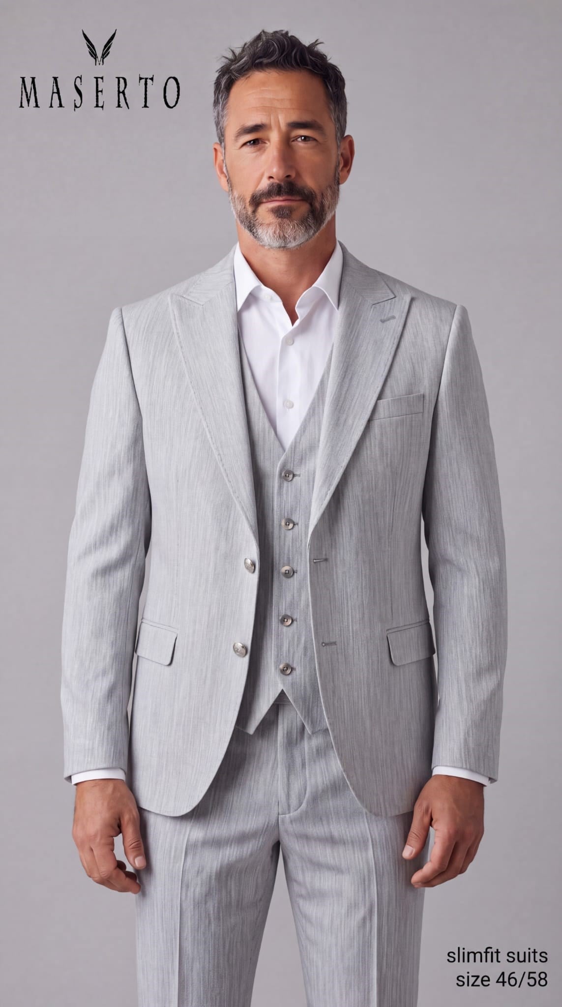 Maserto Erkek Açık Gri Slim Fit Yelekli 3 Parça Takım Elbise