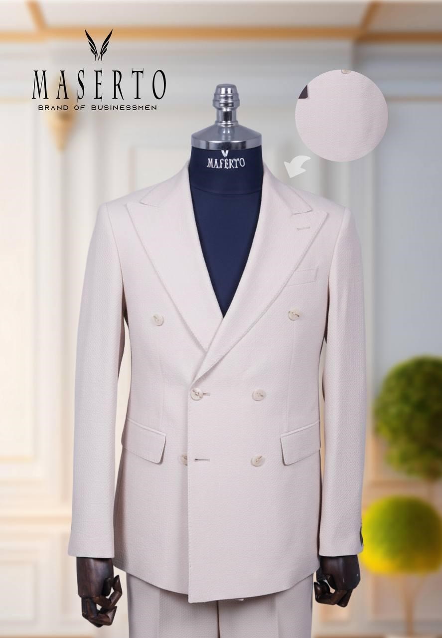 Maserto Erkek Krem Slim Fit Kruvaze Takım Elbise