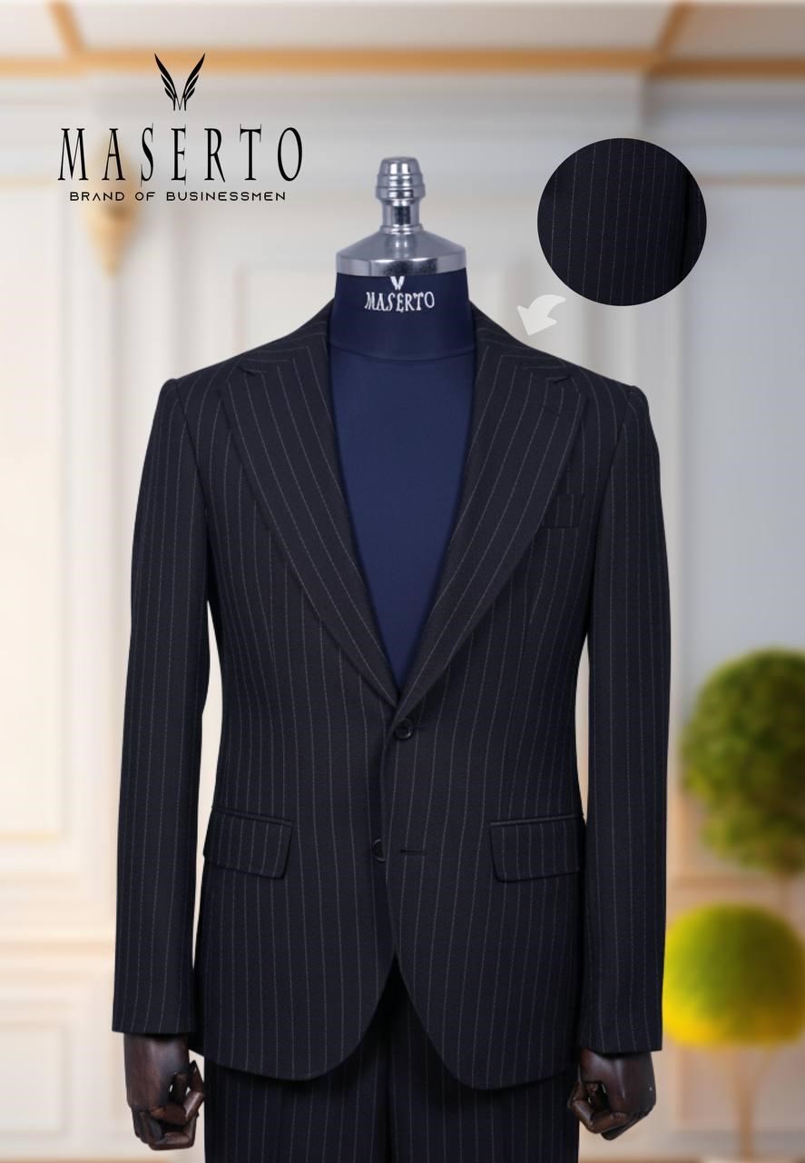 Maserto Erkek Siyah Çizgili Slim Fit Takım Elbise  Klasik Yaka Modern Kesim