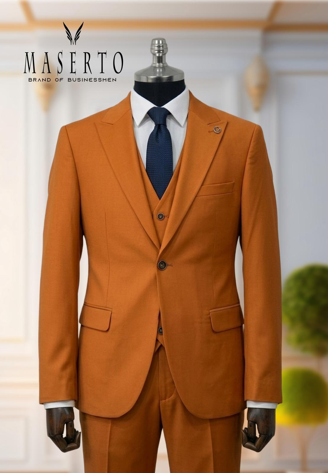 Erkek Tek Düğme Turuncu Slim Fit Yelekli Takım Elbise