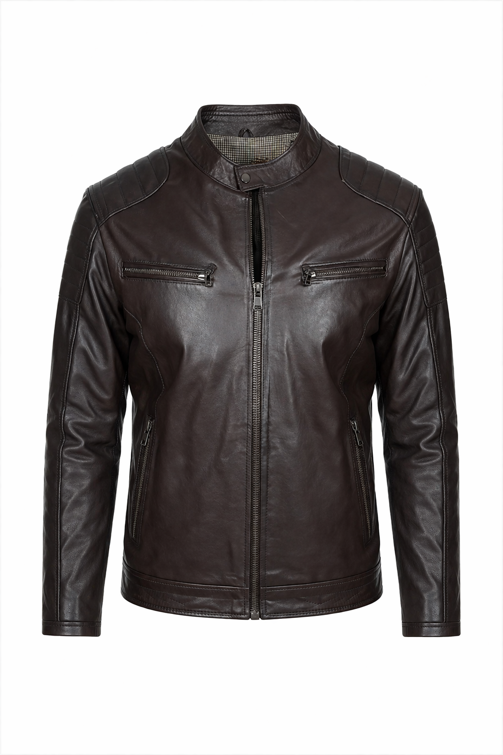 Koyu Kahverengi Dik Yaka Deri Mont Omuz Çizgili