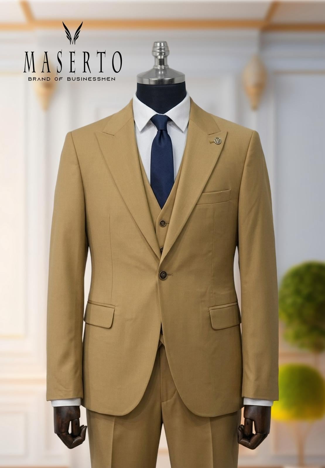 Erkek Tek Düğme Camel Slim Fit Yelekli Takım Elbise