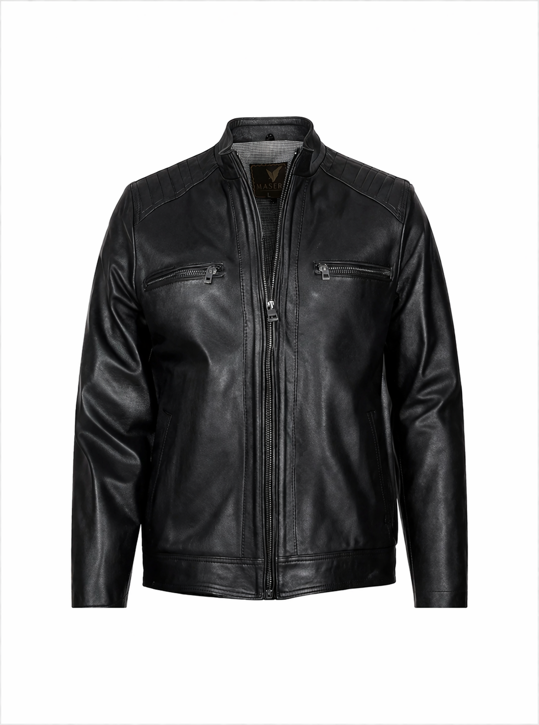 Dik Yaka Omuz Çizgili Deri Mont