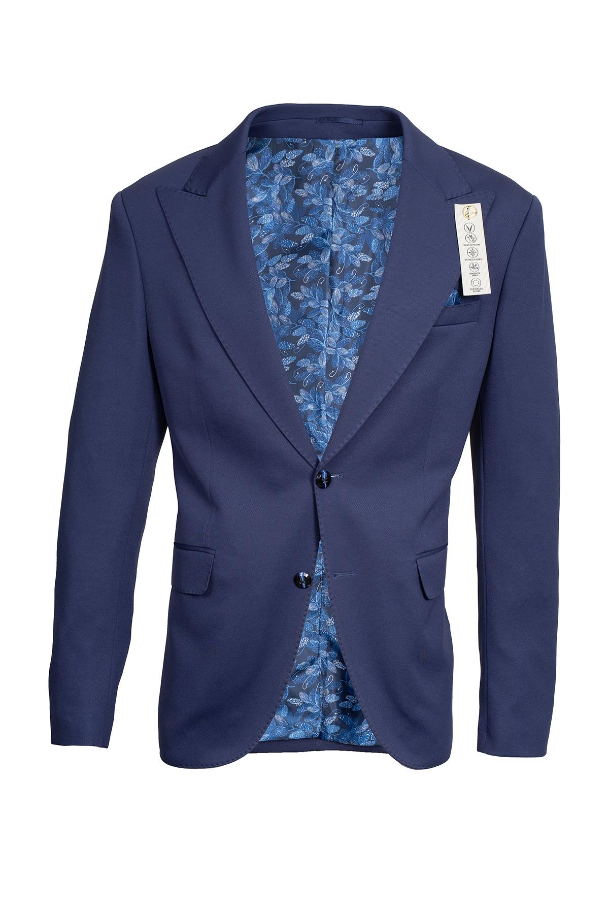 Koyu Mavi Erkek Slim Fit Poliviskon Full Likra Tek Düğme Ceket