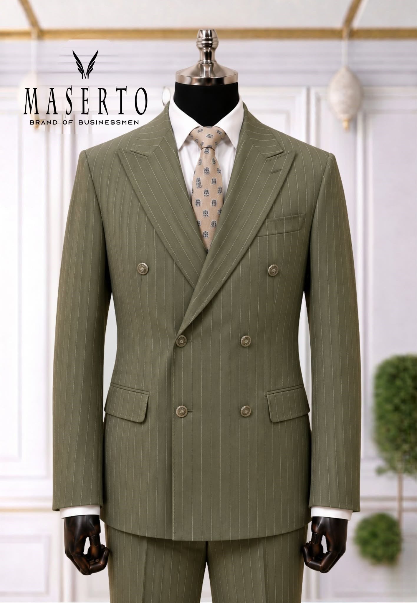 Maserto Yeşil İnce Çizgili Kruvaze Slim Fit Erkek Takım Elbise