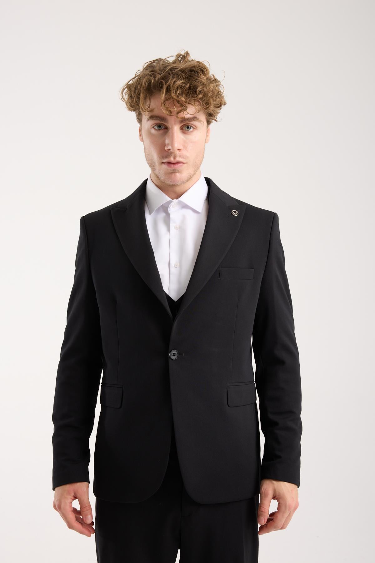 Maserto Siyah Likralı Slim Fit Yelekli Erkek Takım Elbise