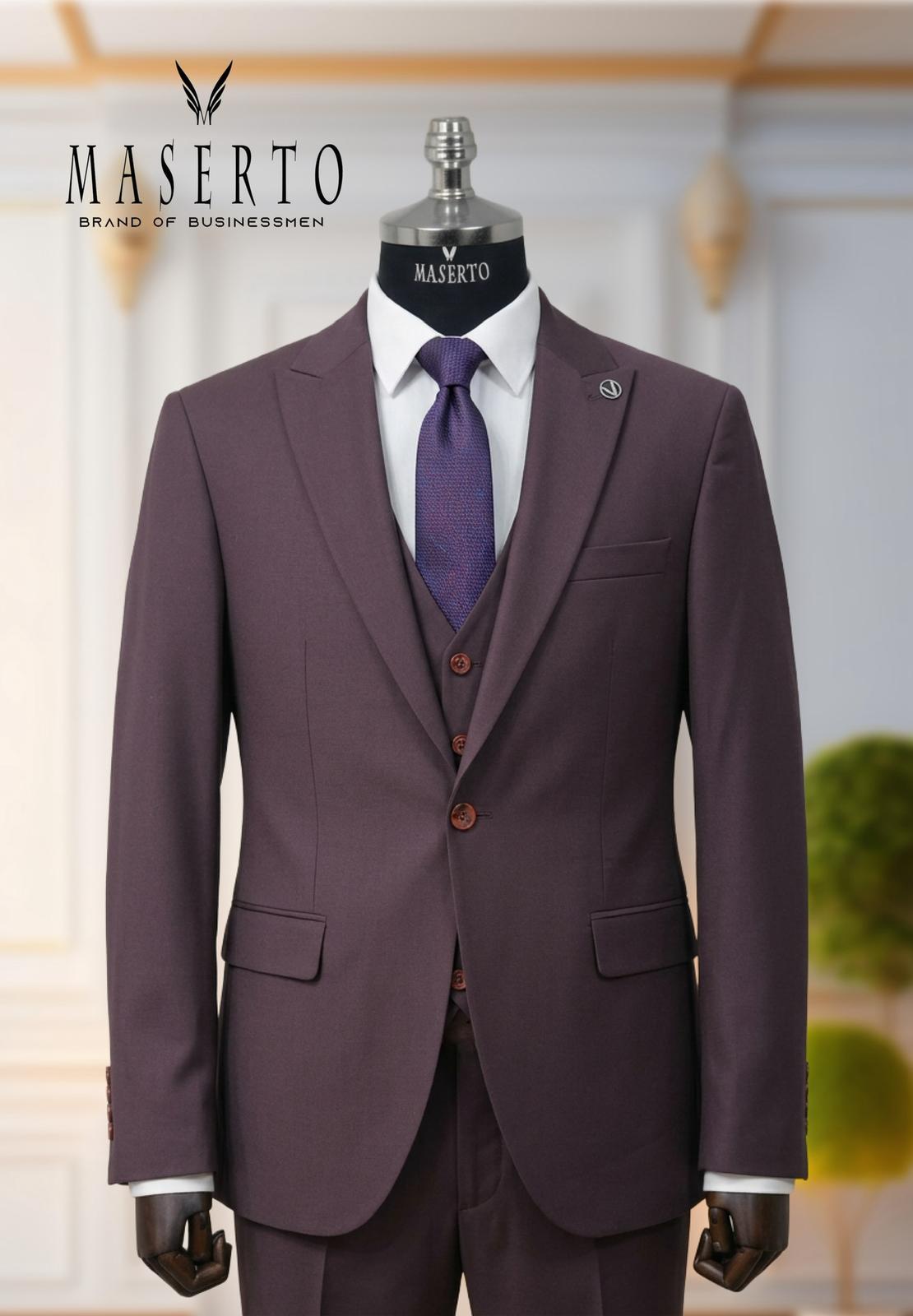 Erkek Tek Düğme Mürdüm Slim Fit Yelekli Takım Elbise