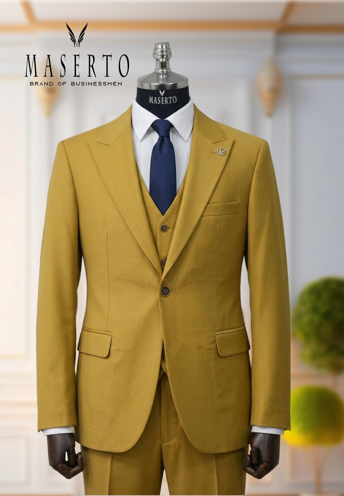 Erkek Tek Düğme Hardal Sarısı Slim Fit Yelekli Takım Elbise