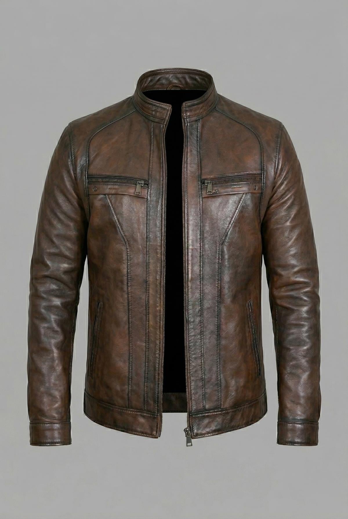 Erkek Kahverengi Eskitme Dokulu Dik Yaka Deri Mont