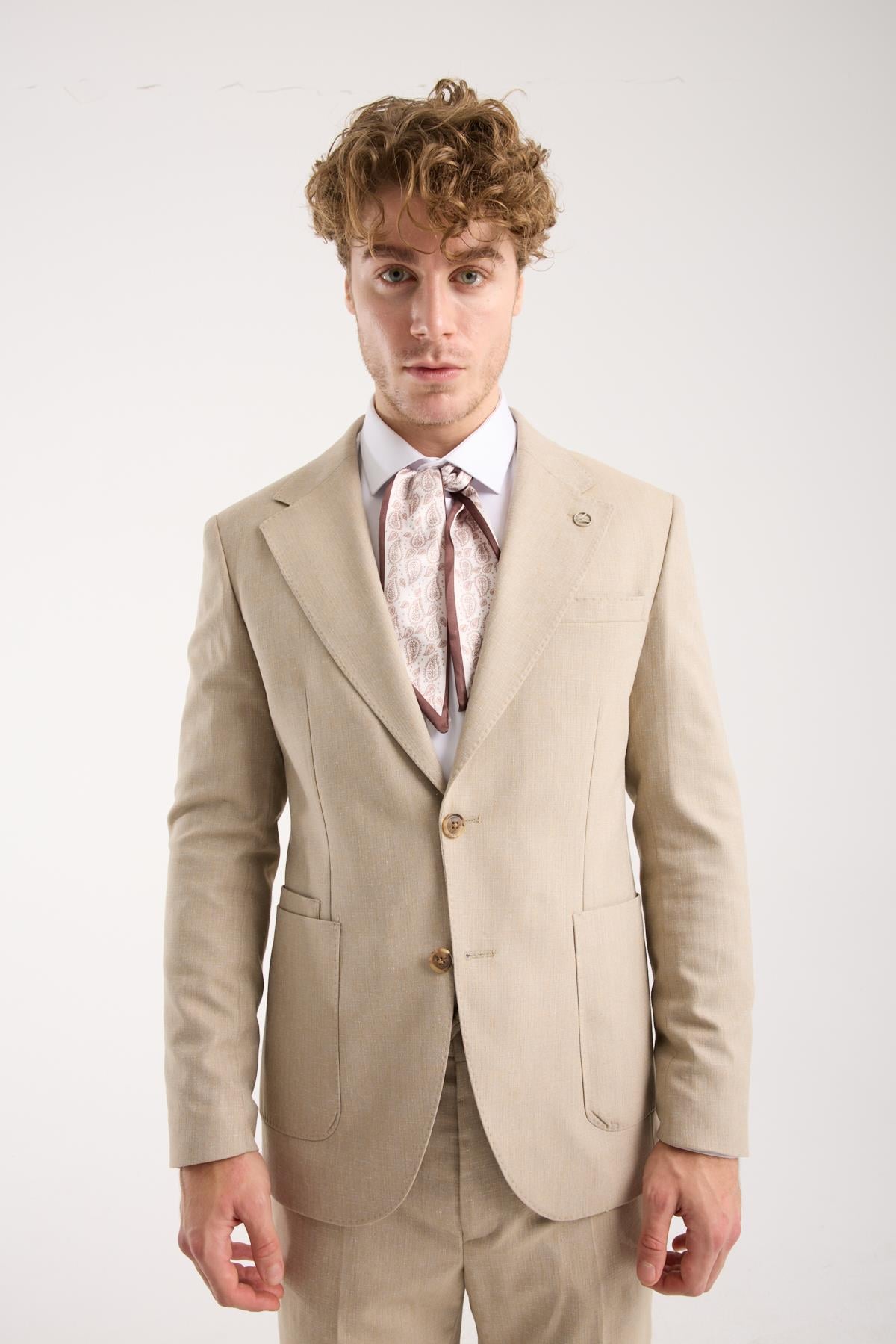 Erkek Bej Slim Fit Keten Dokulu Klasik Blazer Ceket