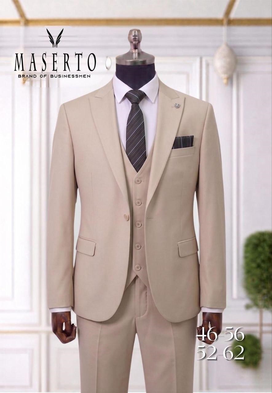 Maserto Bej Slim Fit Yelekli Erkek Takım Elbise