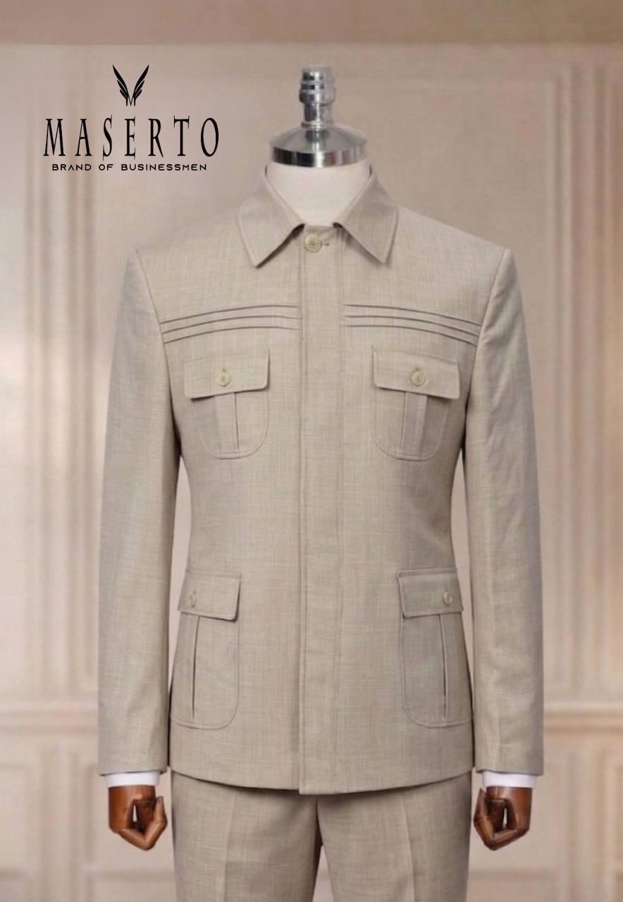 Maserto Bej Safari Slim Fit Erkek Takım Elbise