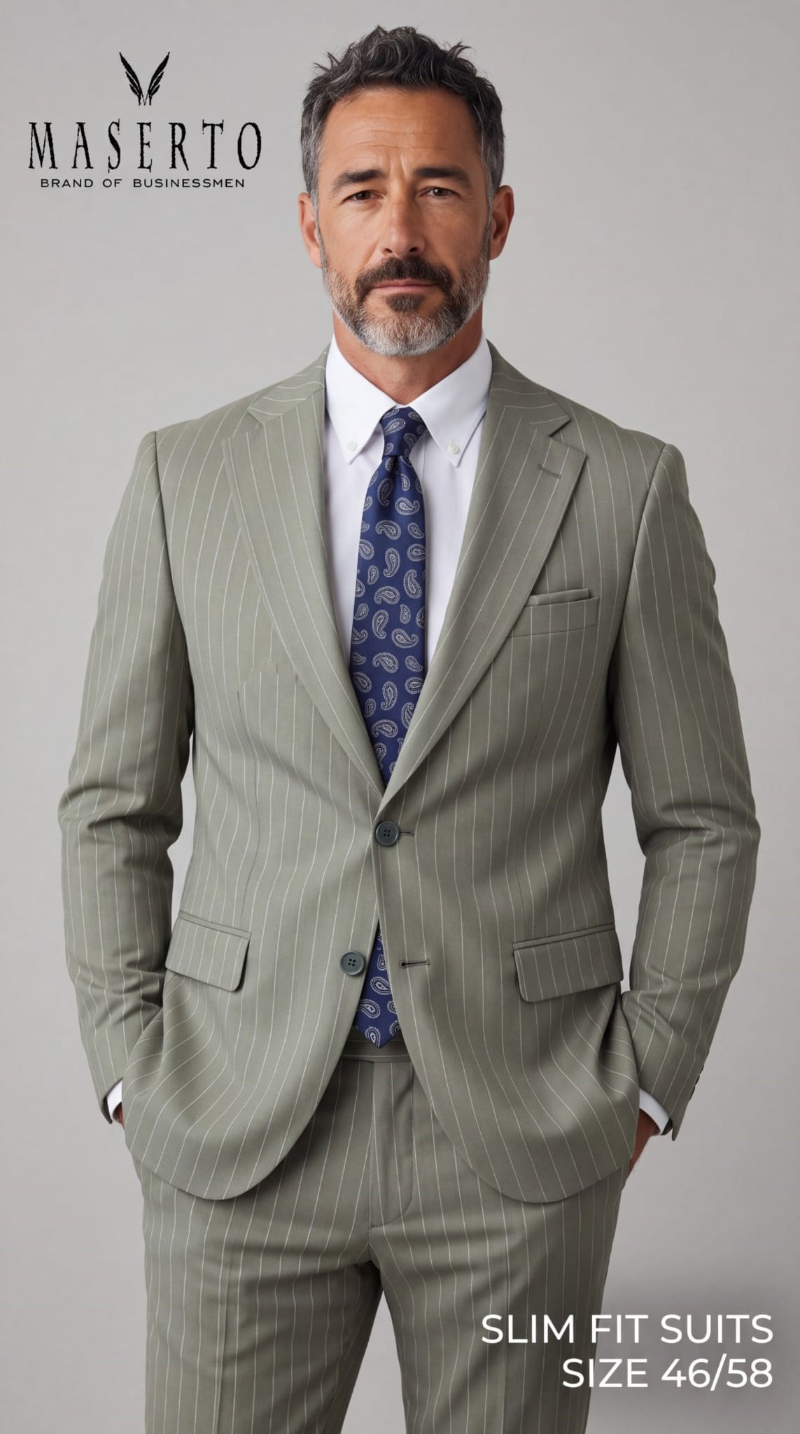 Maserto Erkek Haki Çizgili Slim Fit Takım Elbise
