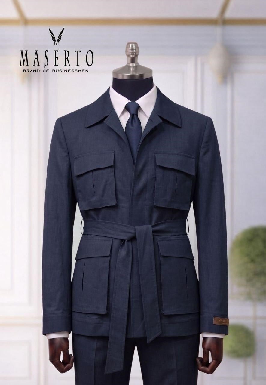 Maserto Lacivert Kemer Detaylı Safari Ceket Takım Elbise Slim Fit Erkek Takım