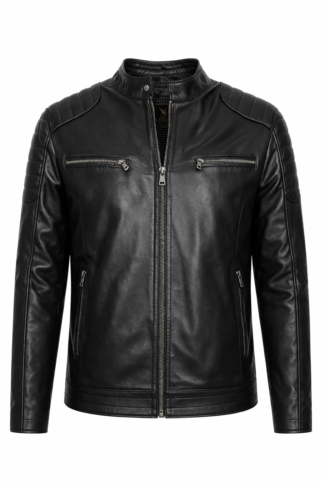 Erkek Siyah Dik Yaka Omuz Çizgili Deri Mont