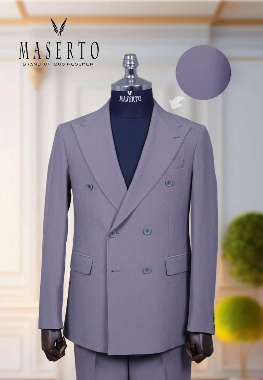 Maserto Erkek Gri Kruvaze Slim Fit Takım Elbise Çift Düğmeli Modern Klasik Tasarım