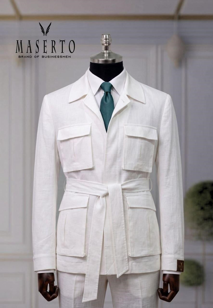 Maserto Beyaz Kemer Detaylı Safari Ceket Takım Elbise Slim Fit Erkek Takım