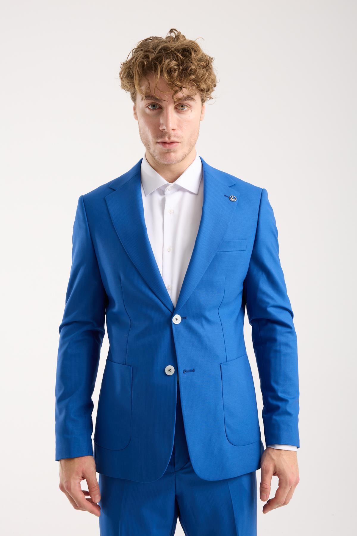 Maserto Saks Mavisi Kendinden Desenli Slim Fit Erkek Takım Elbise