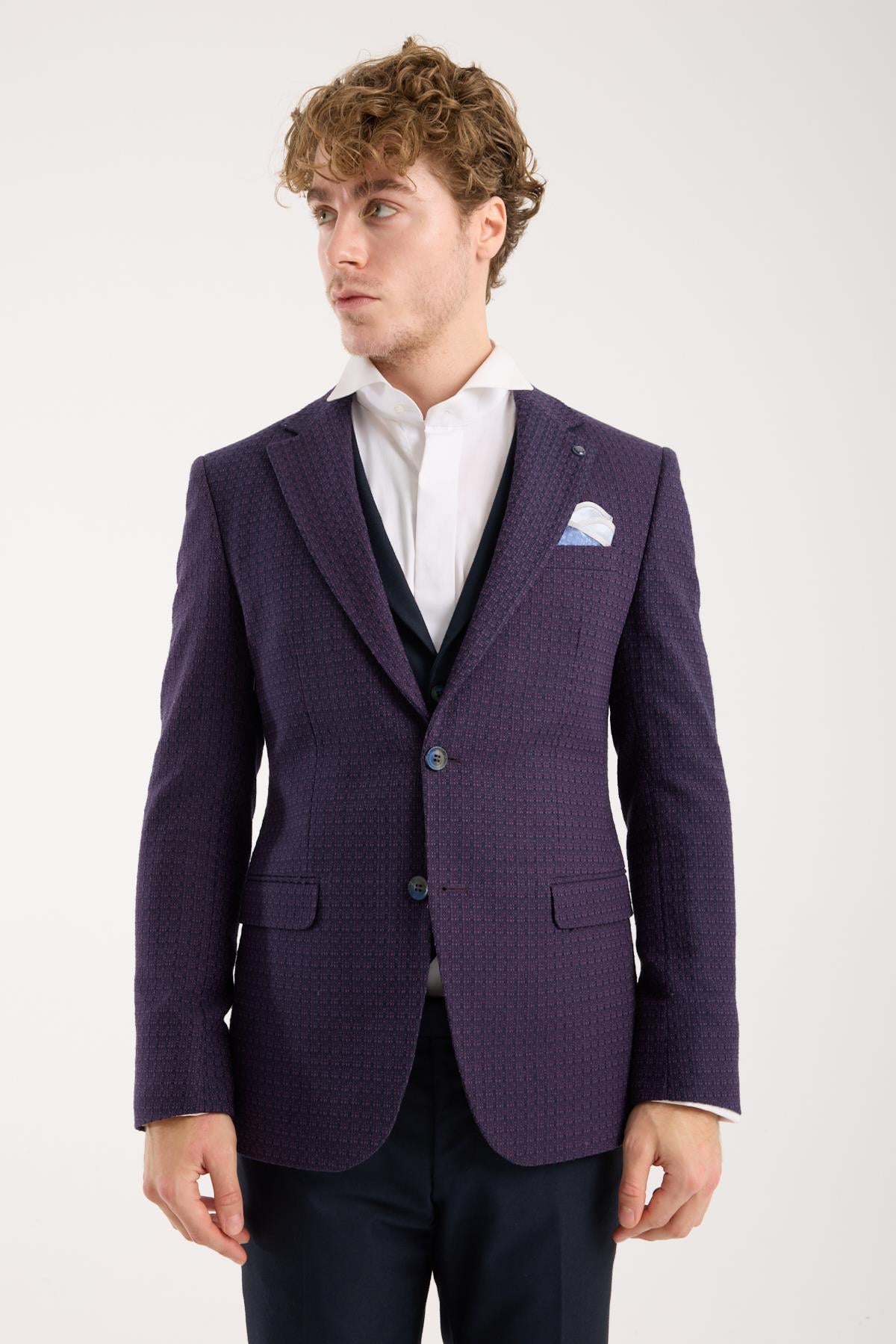 Erkek Mor Slim Fit Dokulu Klasik Blazer Ceket