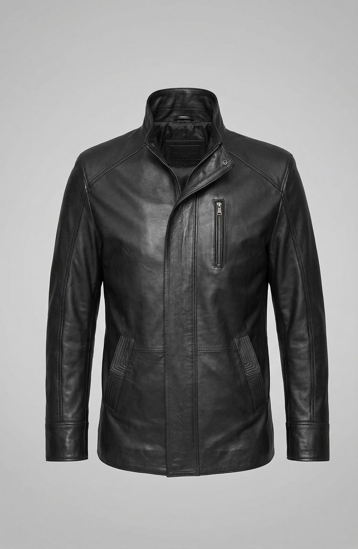 Erkek Siyah Dik Yakalı ve Fermuar Patlı Deri Mont