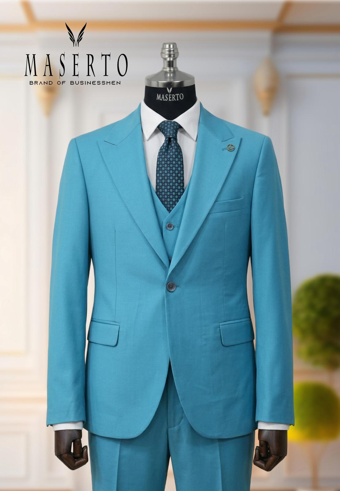 Erkek Tek Düğme Turkuaz Slim Fit Yelekli Takım Elbise