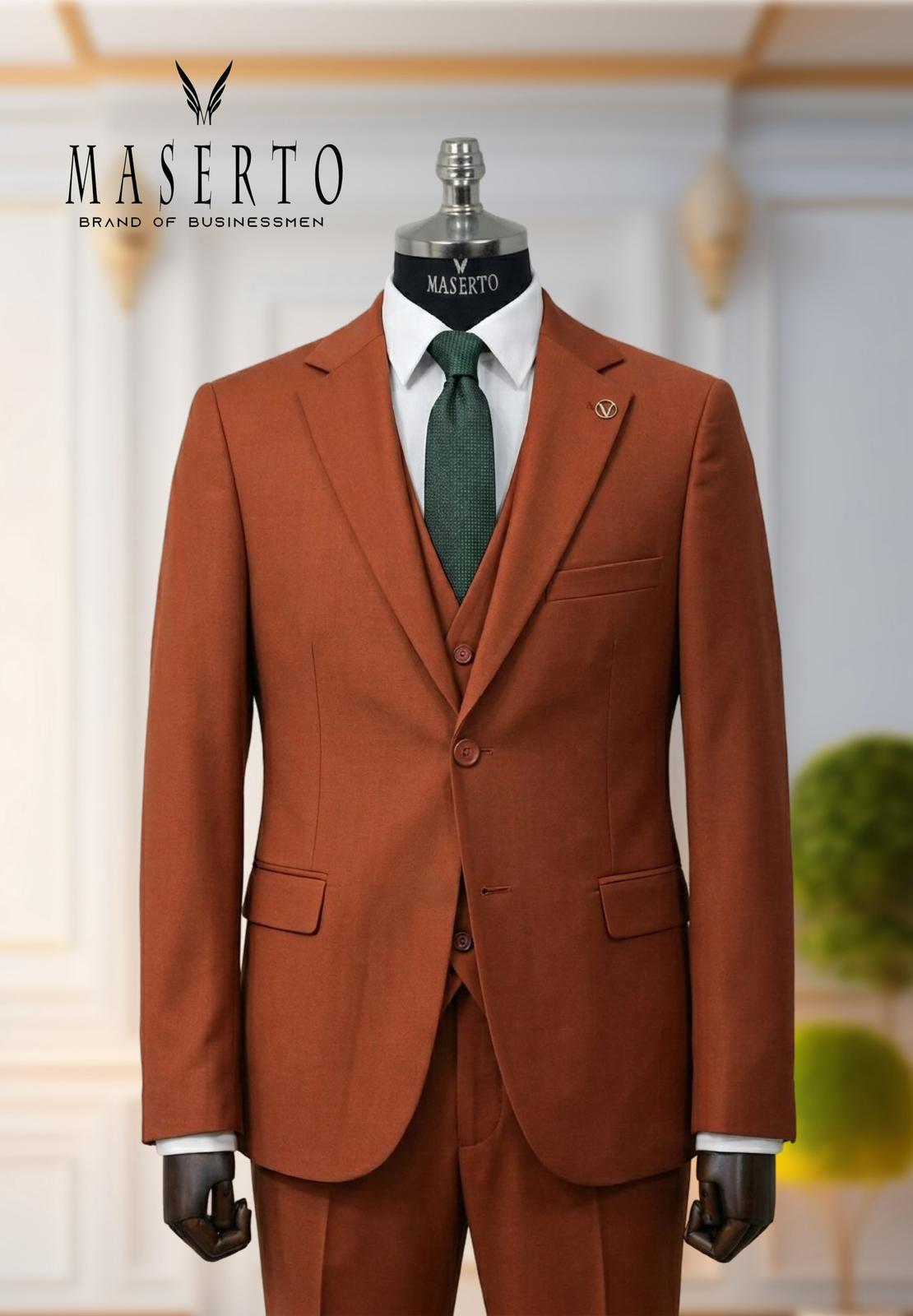 Erkek Tek Düğme Kiremit Slim Fit Yelekli Takım Elbise