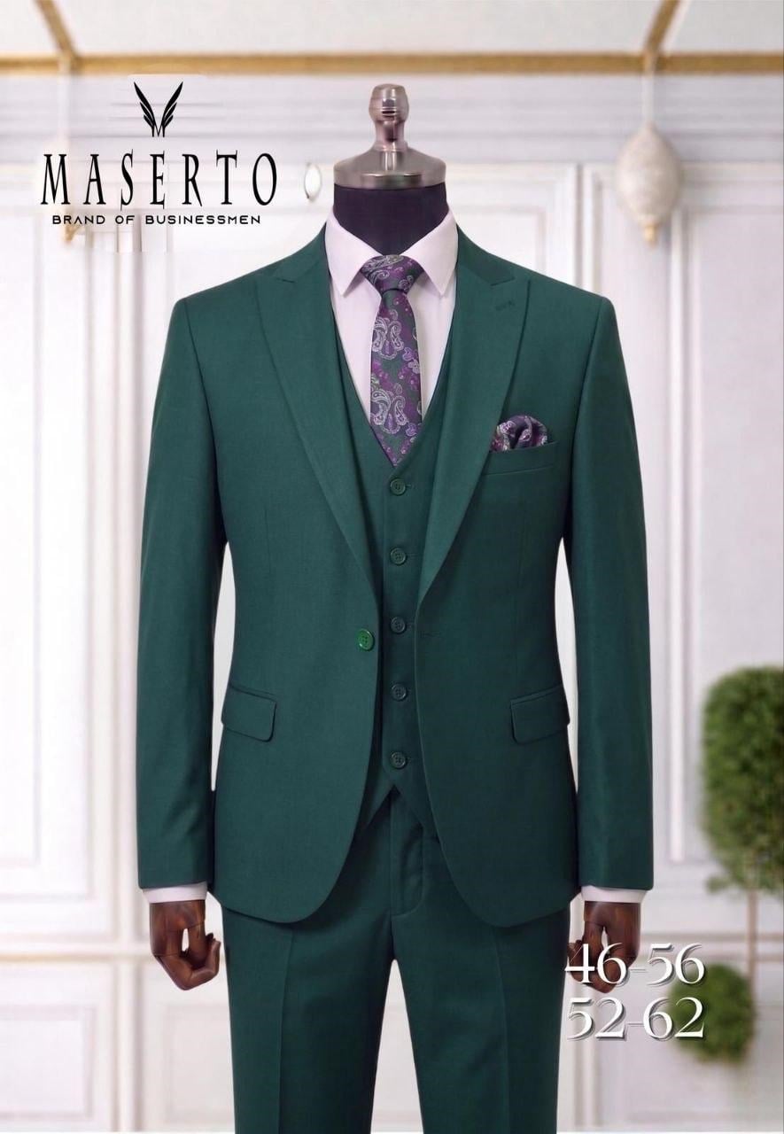 MASERTO Zümrüt Yeşili Erkek Slim Fit Yelekli Takım Elbise