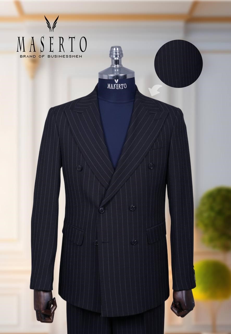 Maserto Erkek Siyah Çizgili Kruvaze Slim Fit Takım Elbise  Çift Düğmeli