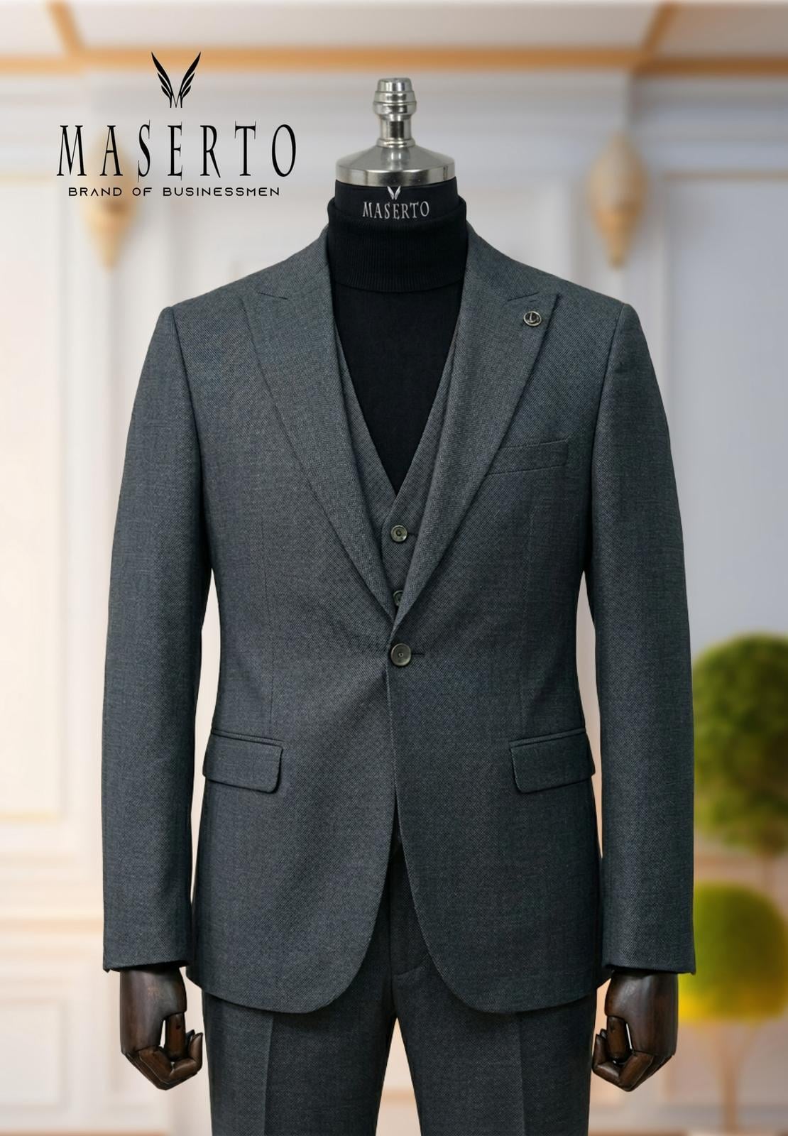 Erkek Tek Düğme Kırçıllı Antrasit Slim Fit Yelekli Takım Elbise