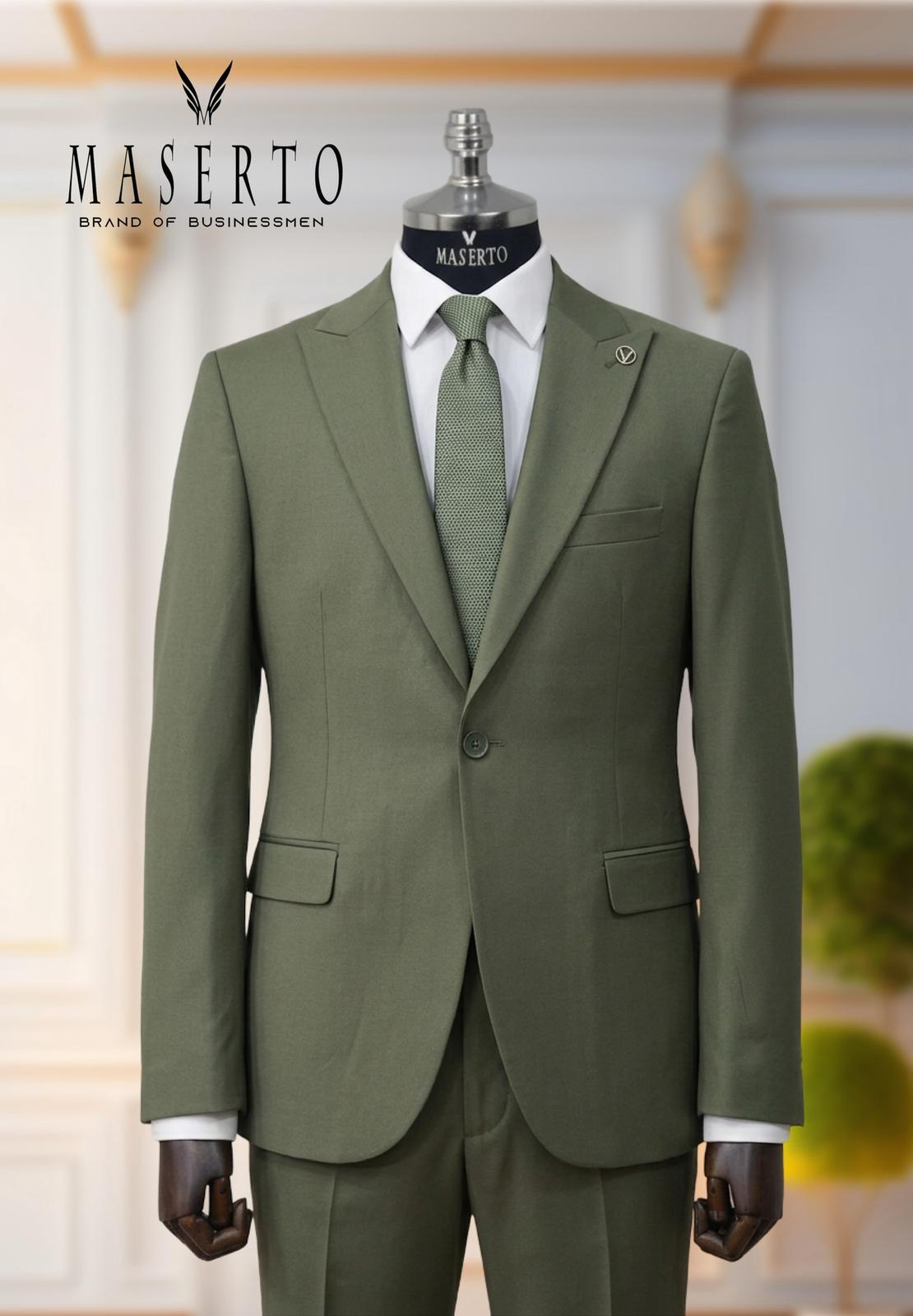 Erkek Tek Düğme Haki Slim Fit Yelekli Takım Elbise