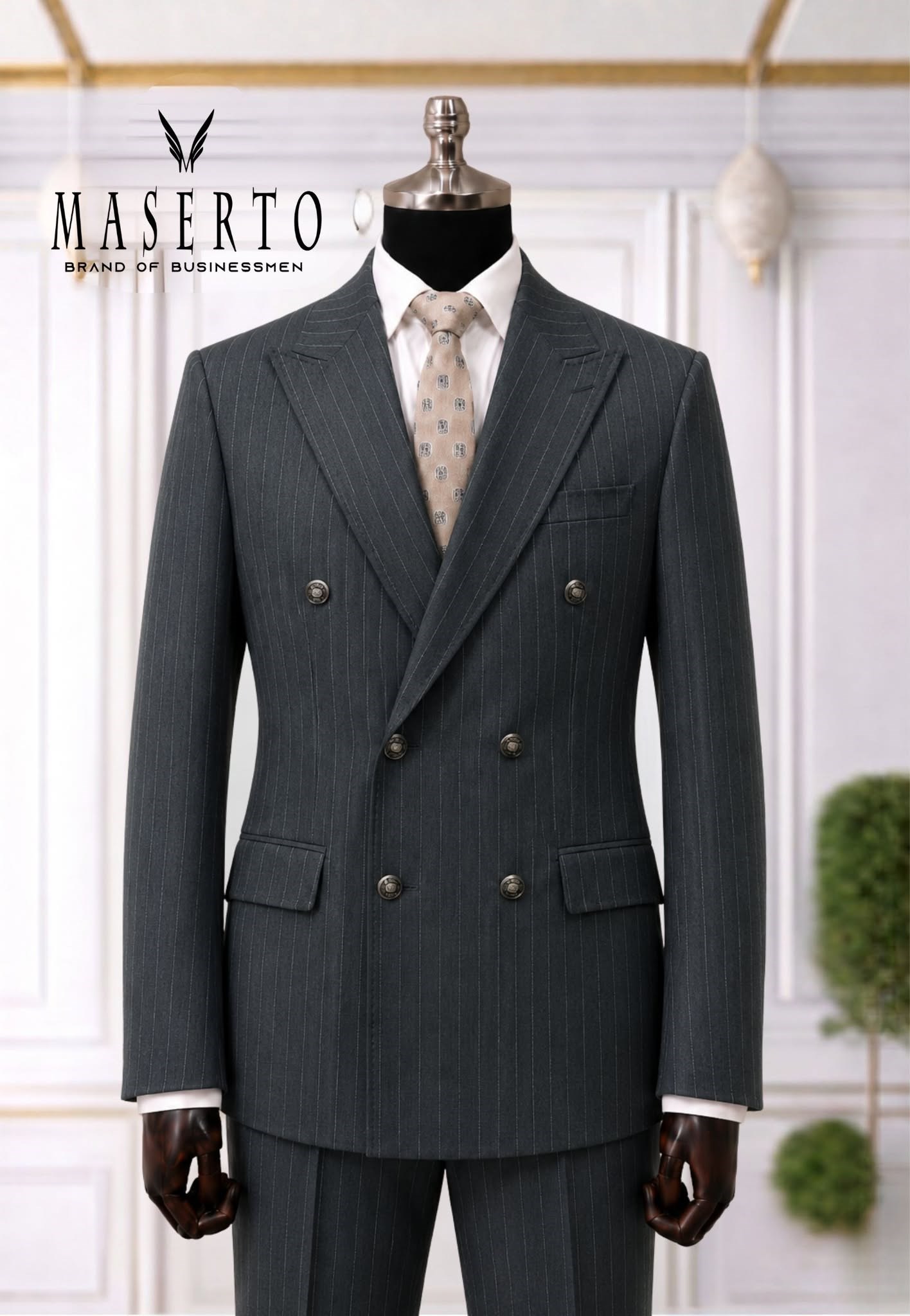 Maserto Koyu Gri İnce Çizgili Kruvaze Slim Fit Erkek Takım Elbise