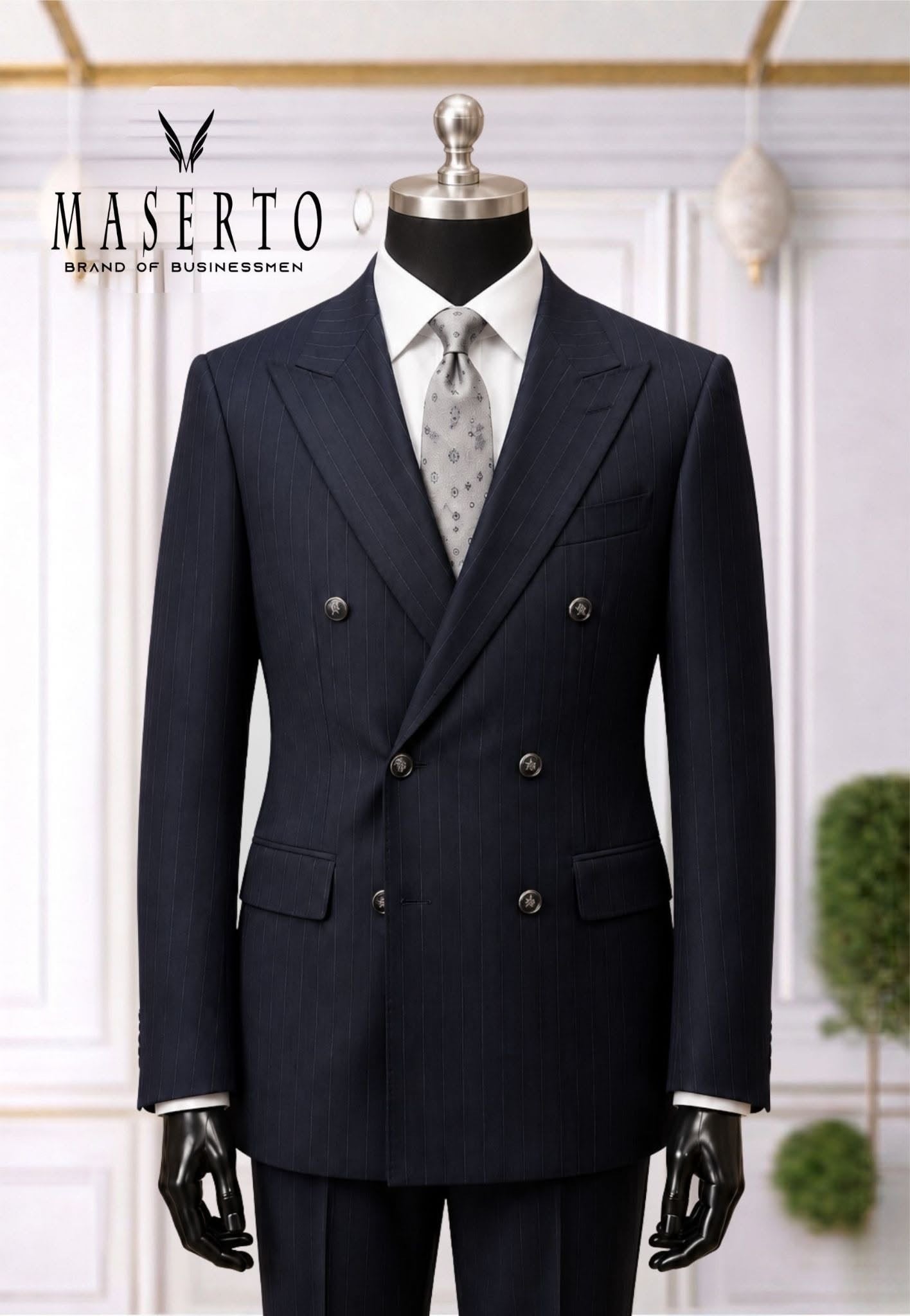 Maserto Lacivert İnce Çizgili Kruvaze Slim Fit Erkek Takım Elbise
