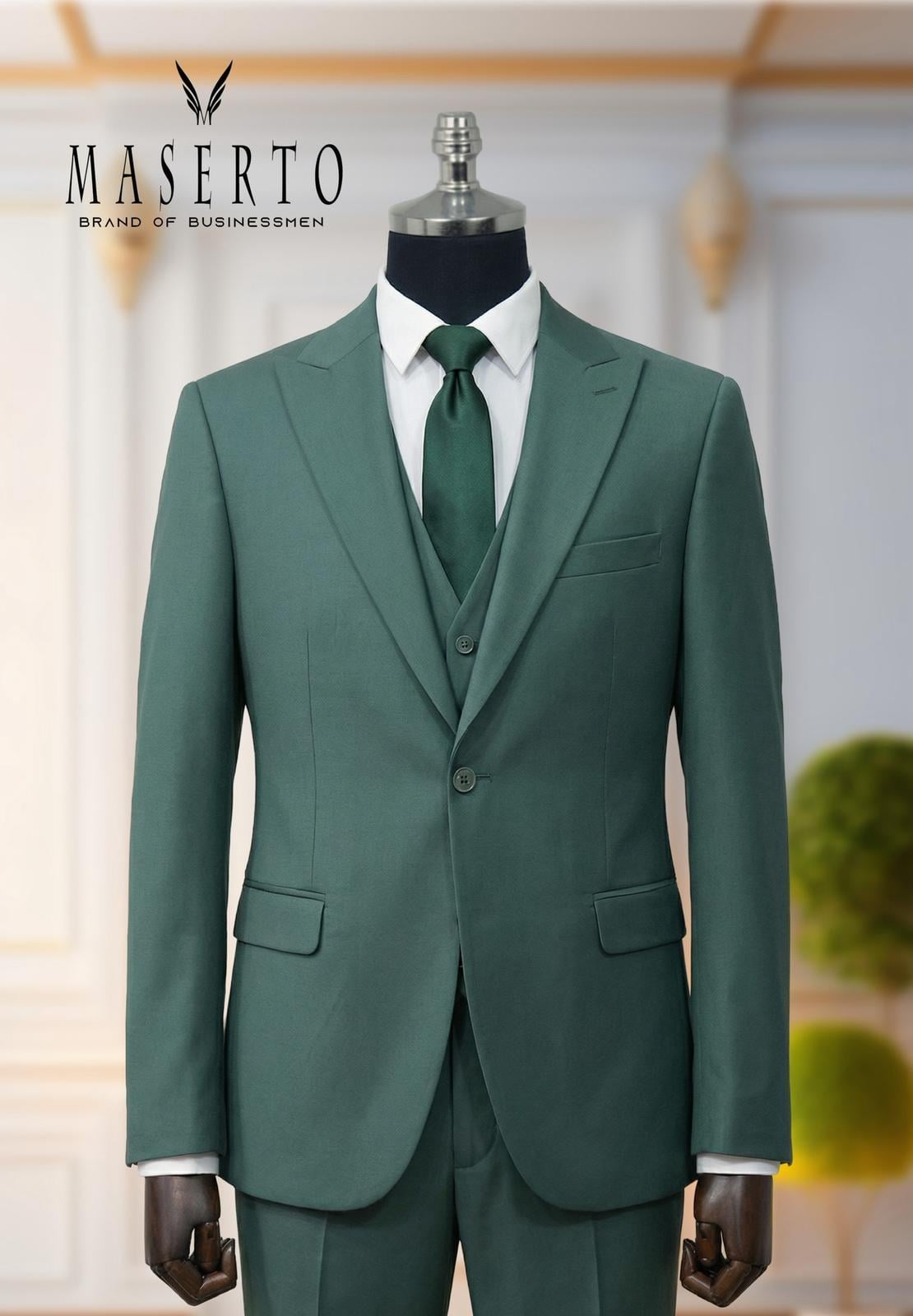 Erkek Tek Düğme Koyu Petrol Yeşili Slim Fit Yelekli Takım Elbise