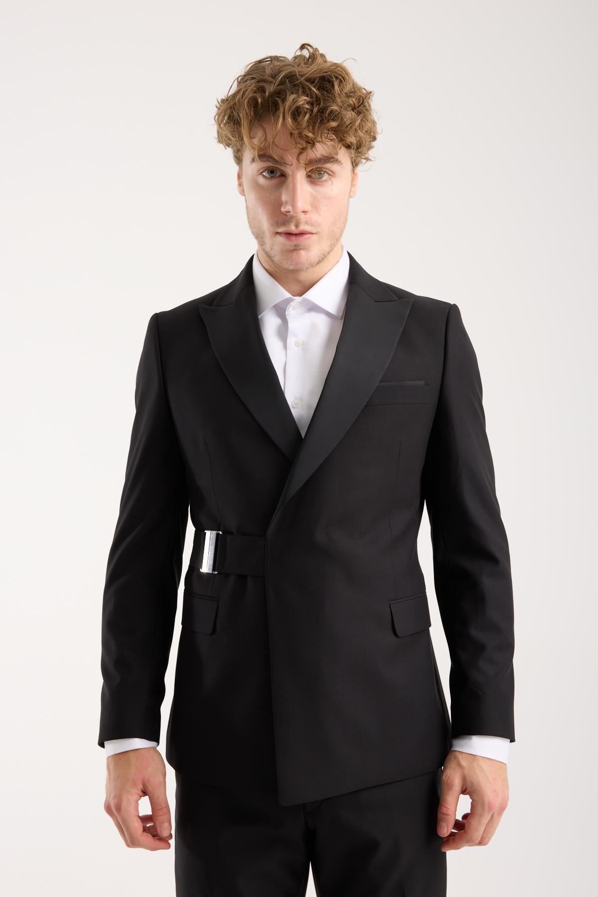 Erkek Siyah Slim Fit Kruvaze Yaka Tokalı Ceket