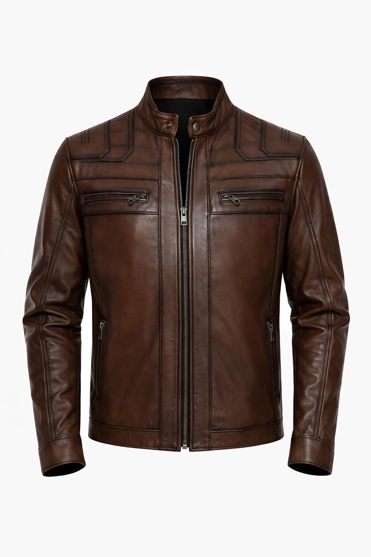 Kahverengi Cepli İşlemeli Deri Ceke