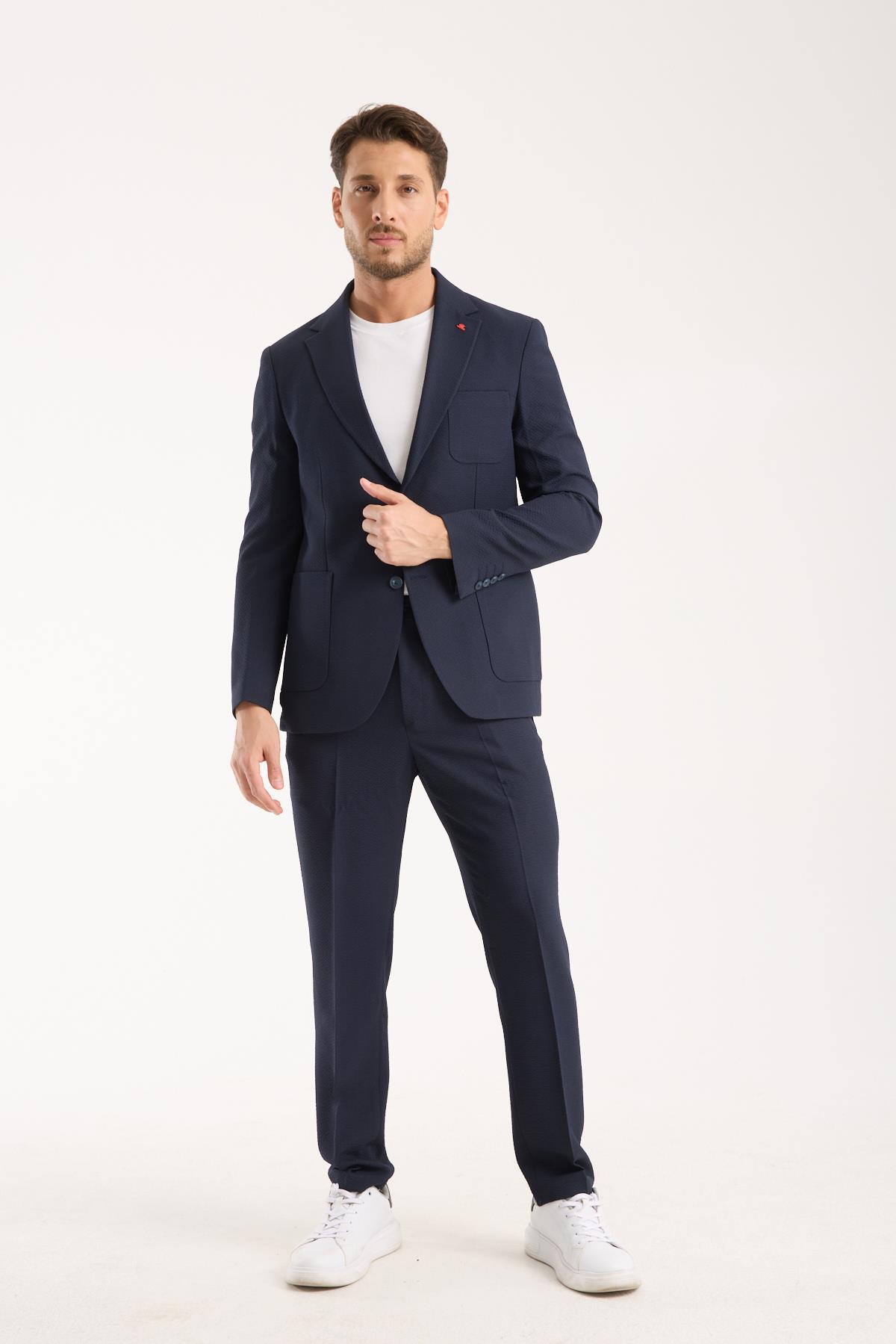 Erkek Lacivert Slim Fit Gofre Kumaş Bağcıklı Pantolon Takım Elbise