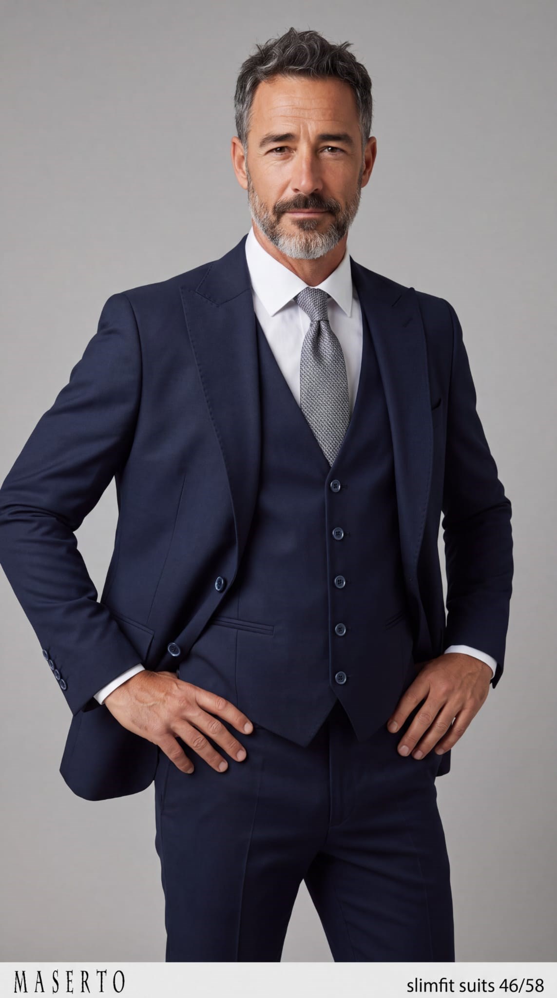 Maserto Erkek Lacivert Slim Fit Yelekli 3 Parça Takım Elbise