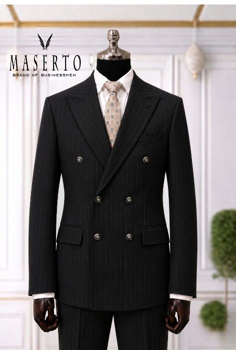 Maserto Siyah İnce Çizgili Kruvaze Slim Fit Erkek Takım Elbise | Premium Poliviskon Kumaş