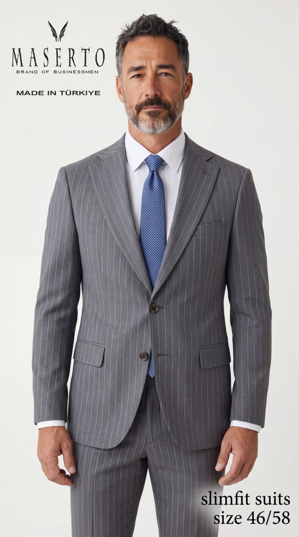 Maserto Erkek Gri Slim Fit Çizgili Takım Elbise