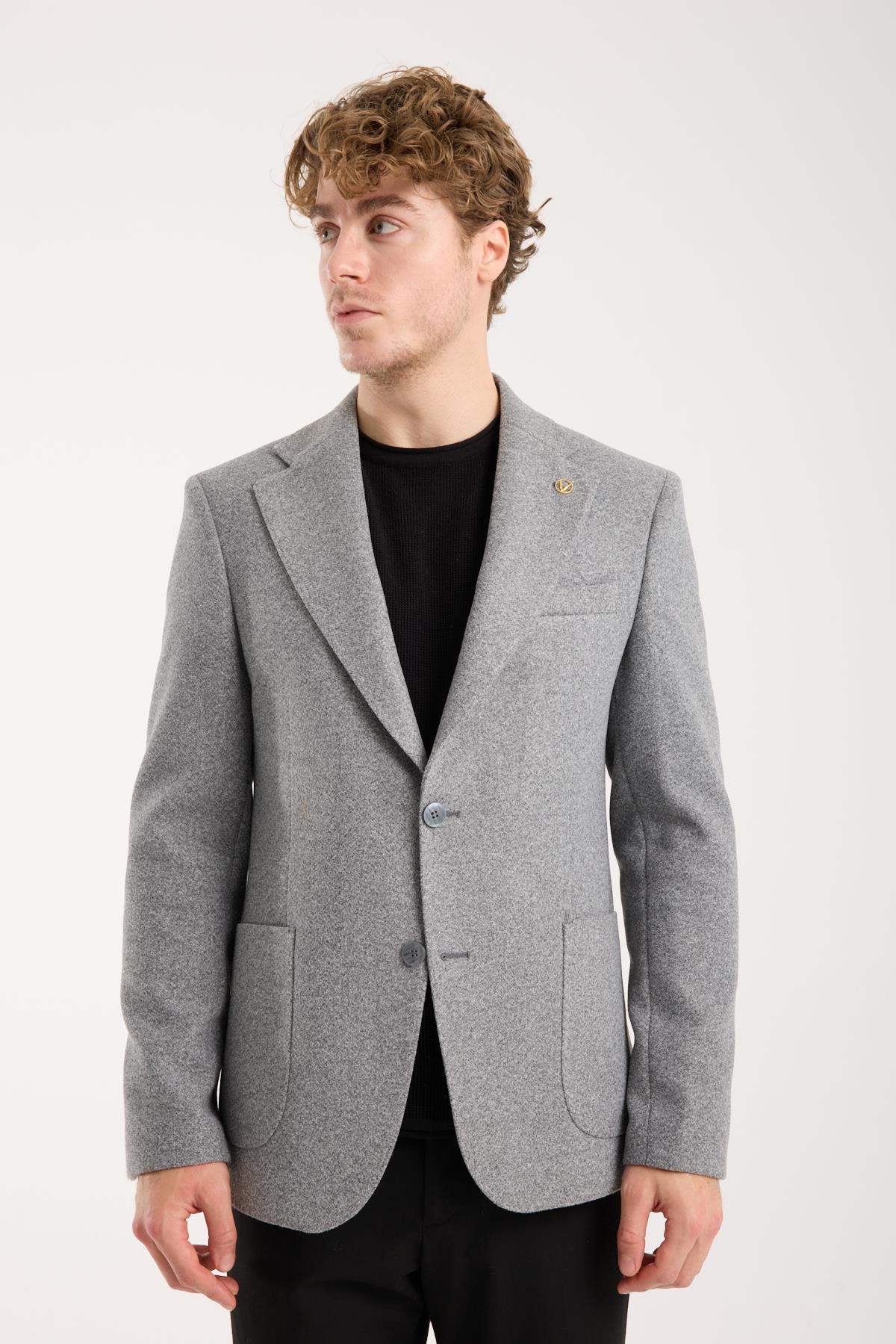 Erkek Gri Slim Fit Kaşe Blazer Ceket